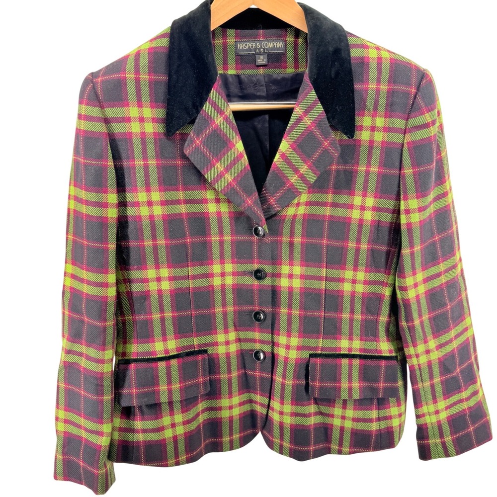 Lovely Kasper & Company ASL Plaid Blazer Jacket Velvet Collar Size 16